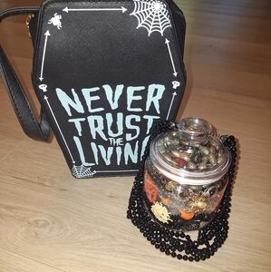 Black Coffin Crossbody Bag with Beaded Jar